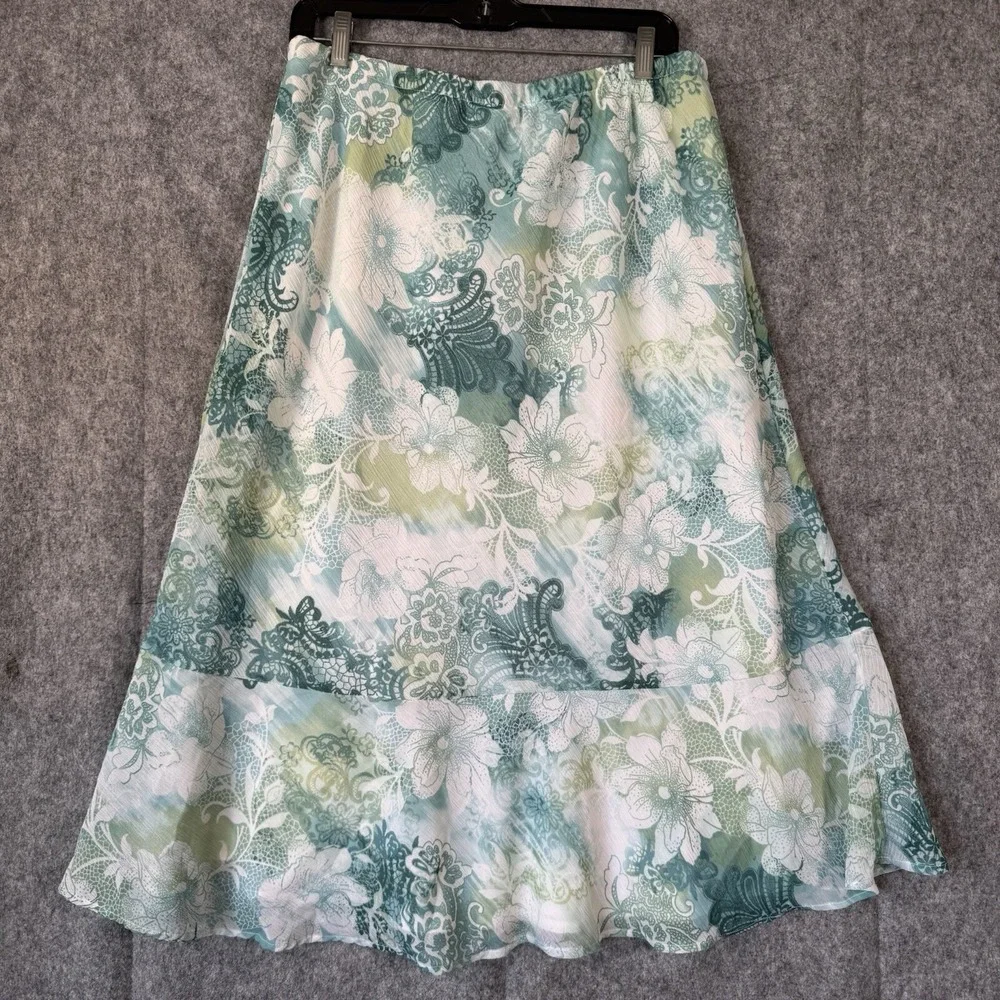 Vintage Floral Skirt Sheer Chiffon Womens Size 14‎ Fairy Garden Paisley Green